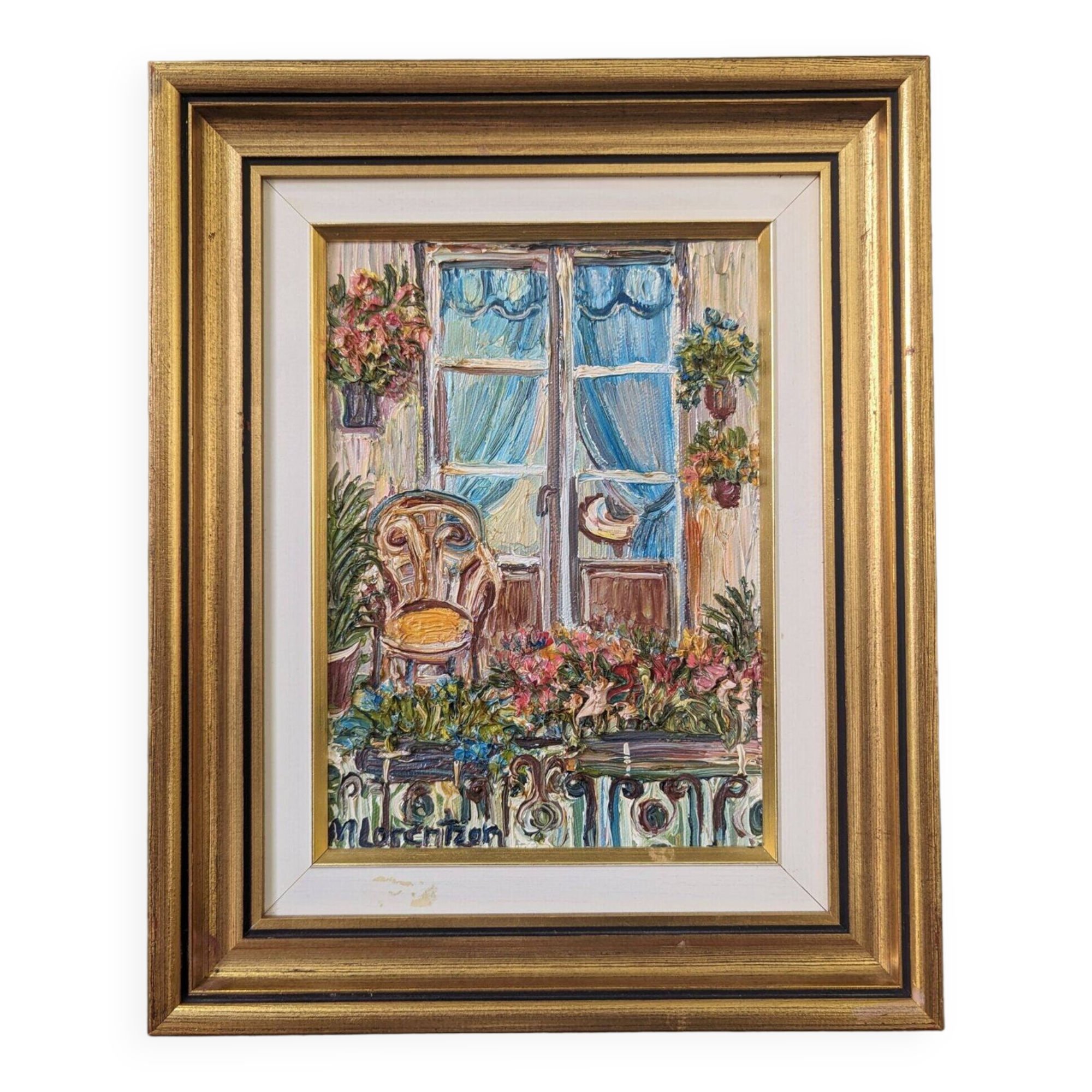 Mid-Century Modern Swedish "Balcony Garden" Vintage Oil Painting, Framed