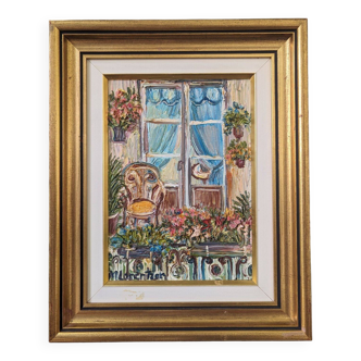 Mid-Century Modern Swedish "Balcony Garden" Vintage Oil Painting, Framed