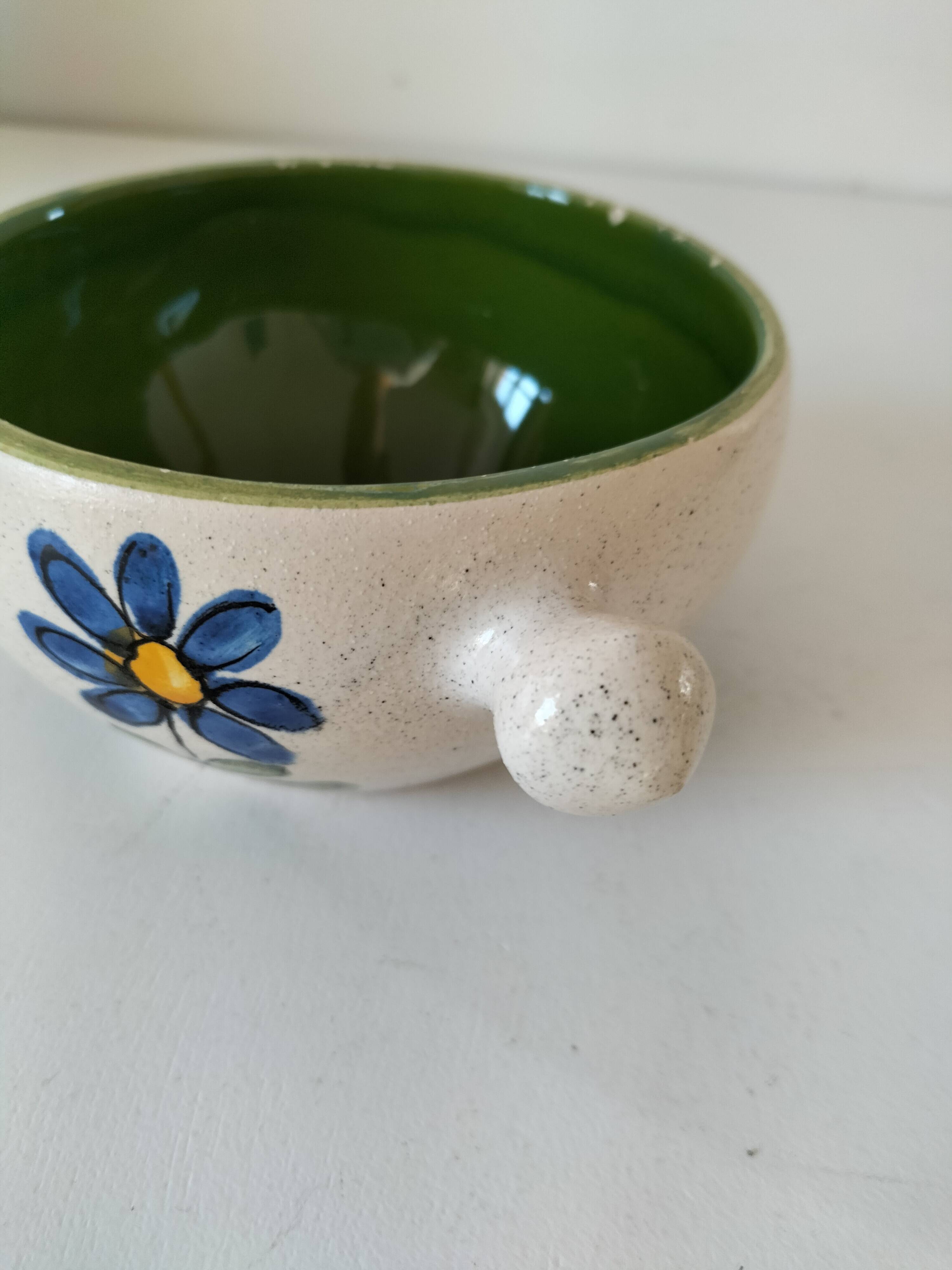 Ceramic soup bowl with blue flower decoration – handmade
