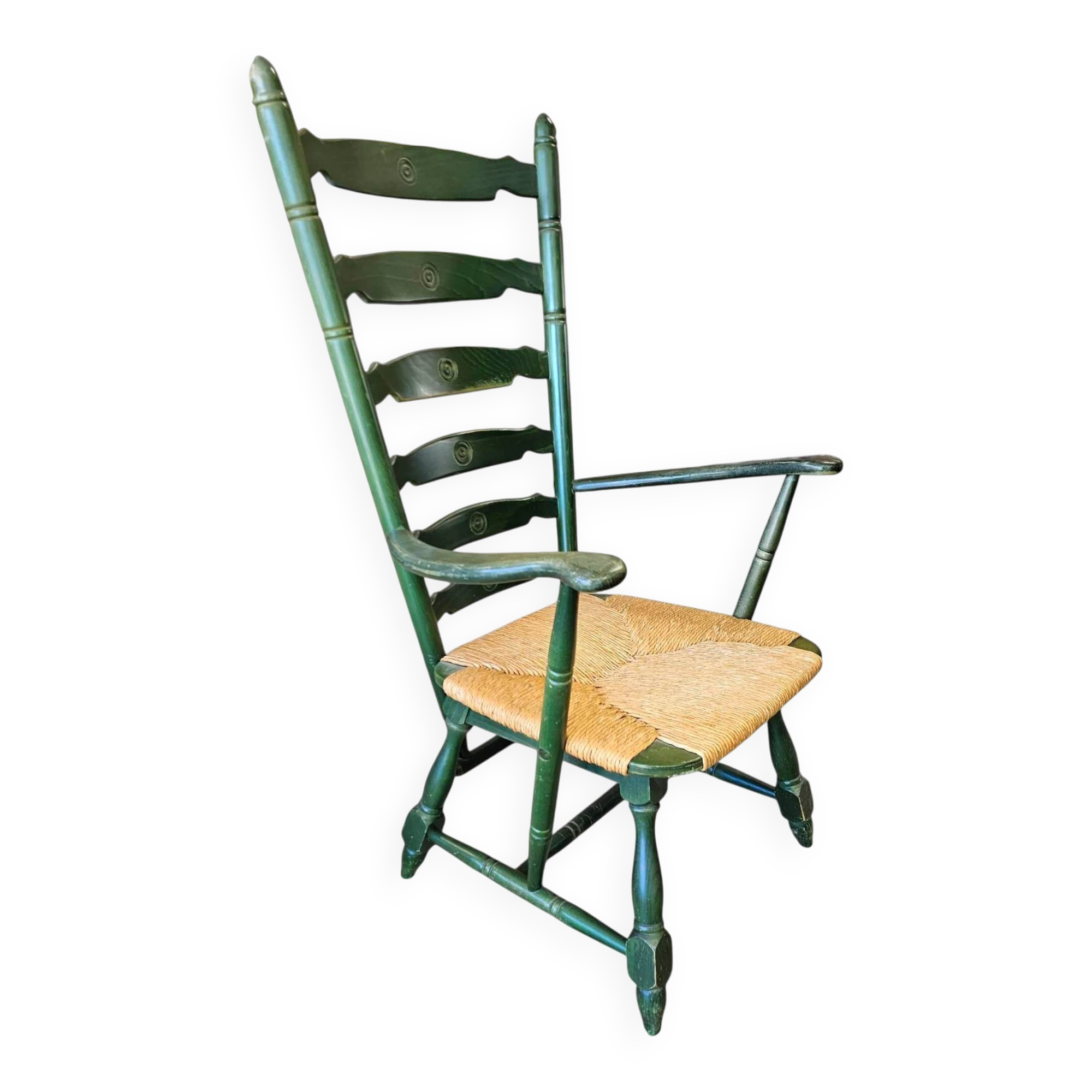 Vintage transparent green wooden arm chair / rush seat / high back ladder chair