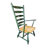 Vintage transparent green wooden arm chair / rush seat / high back ladder chair
