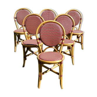 Lot of 6 chairs bistro terrace "Parisian" rattan and red braiding