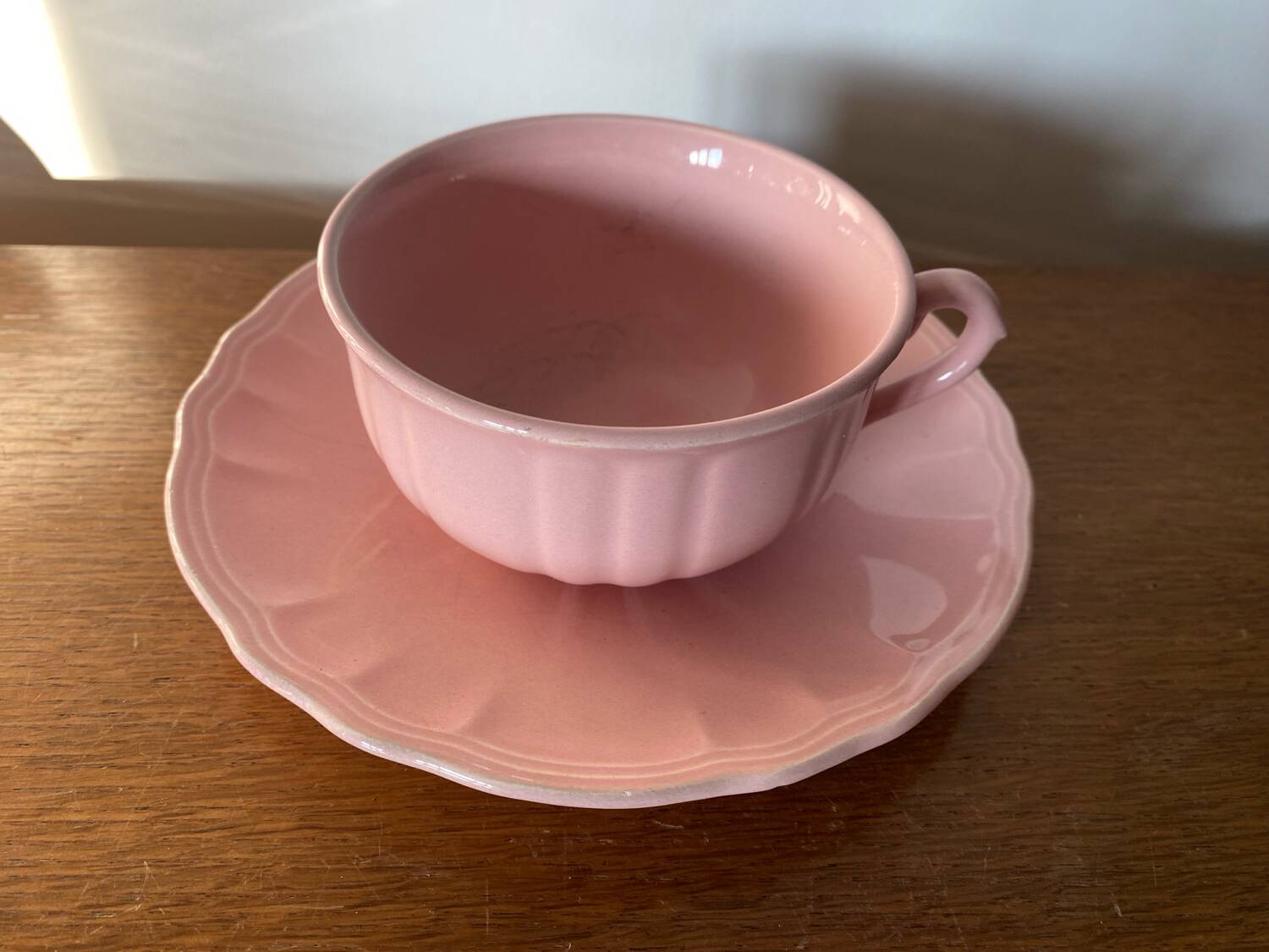 Antique salins les bains cup + saucer pink ceramic france vintage