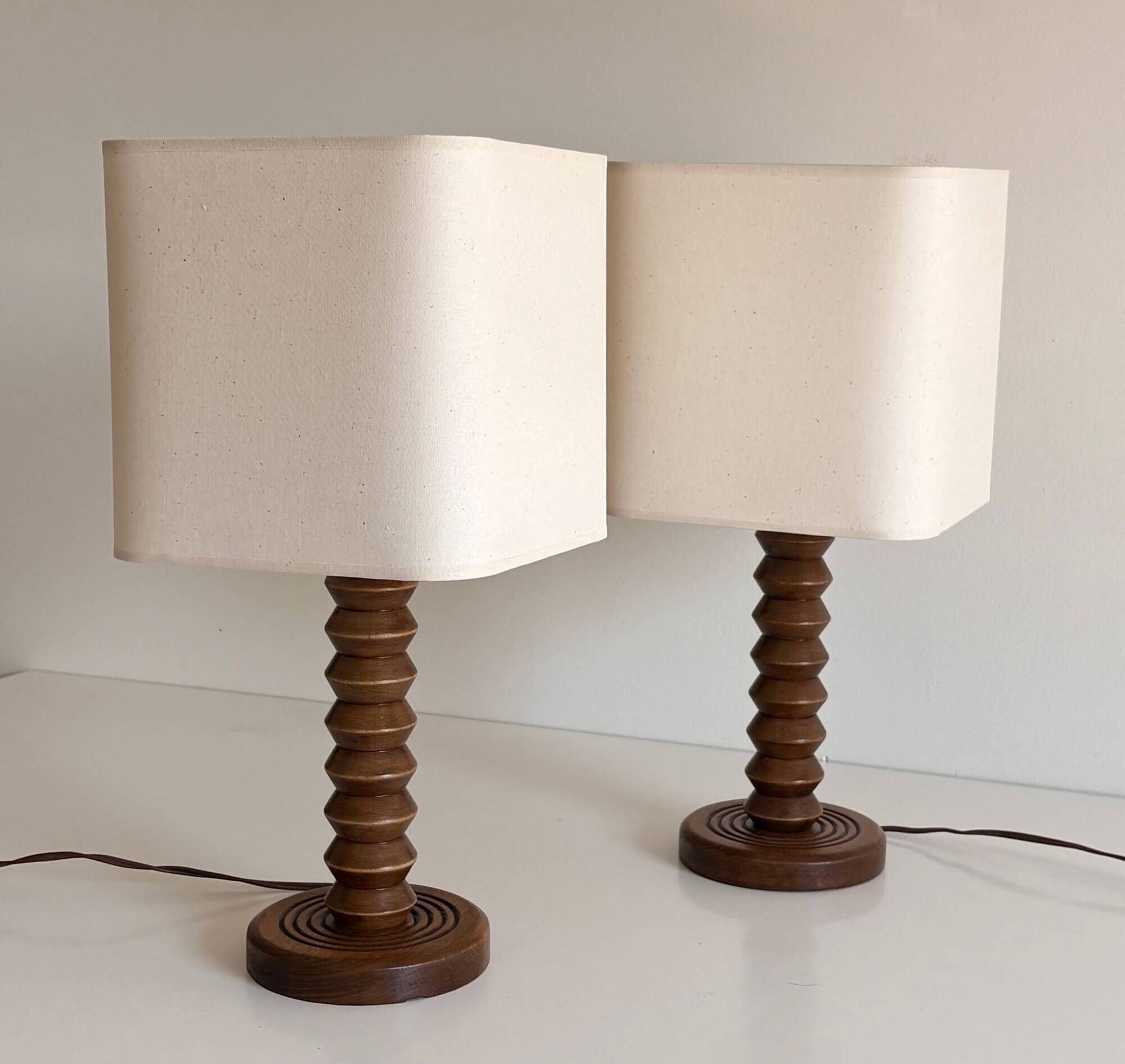 Pair of French Art Deco Wooden Table Lamps Attributed to Charles Dudouyt