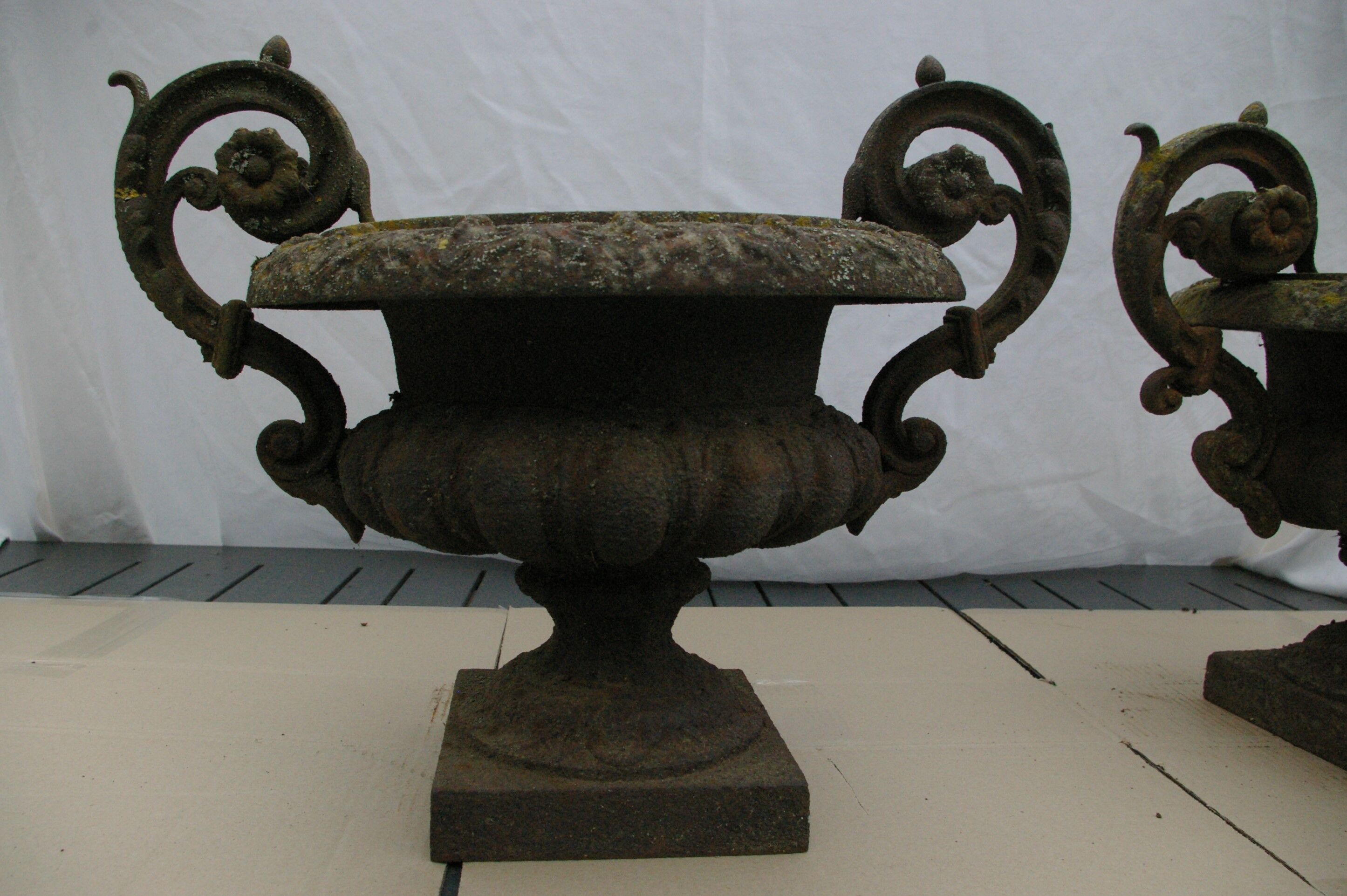 Paire d'anciens vases Médicis de jardin en fonte de fer