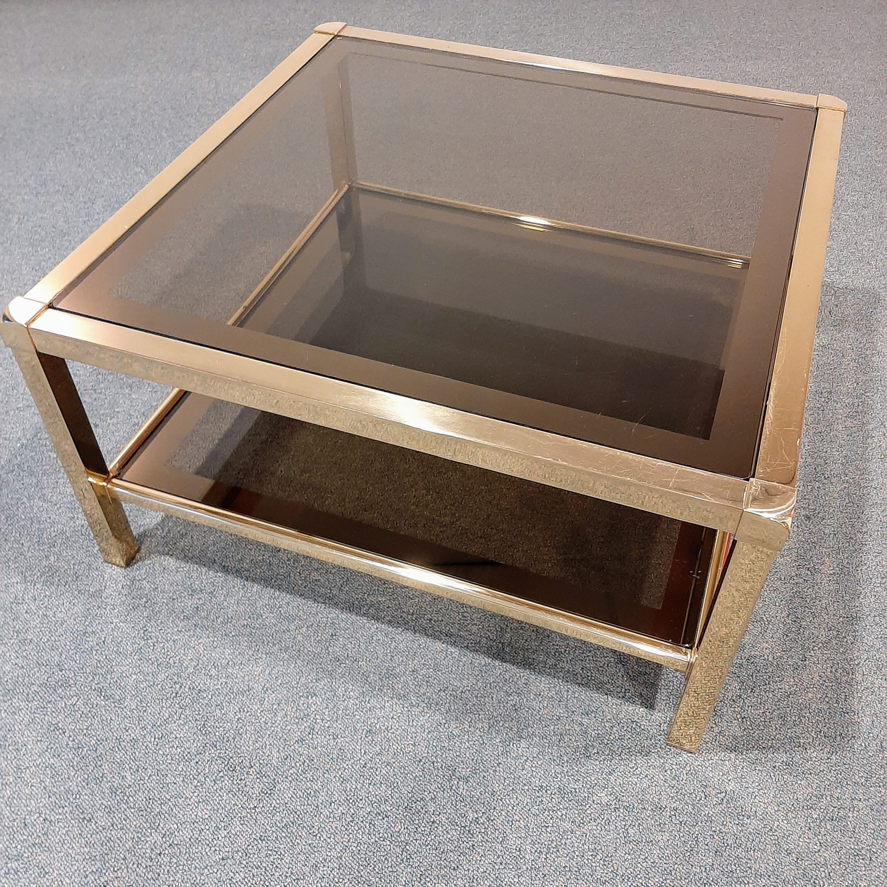 Vintage coffee table in smoked glass and brass 1970