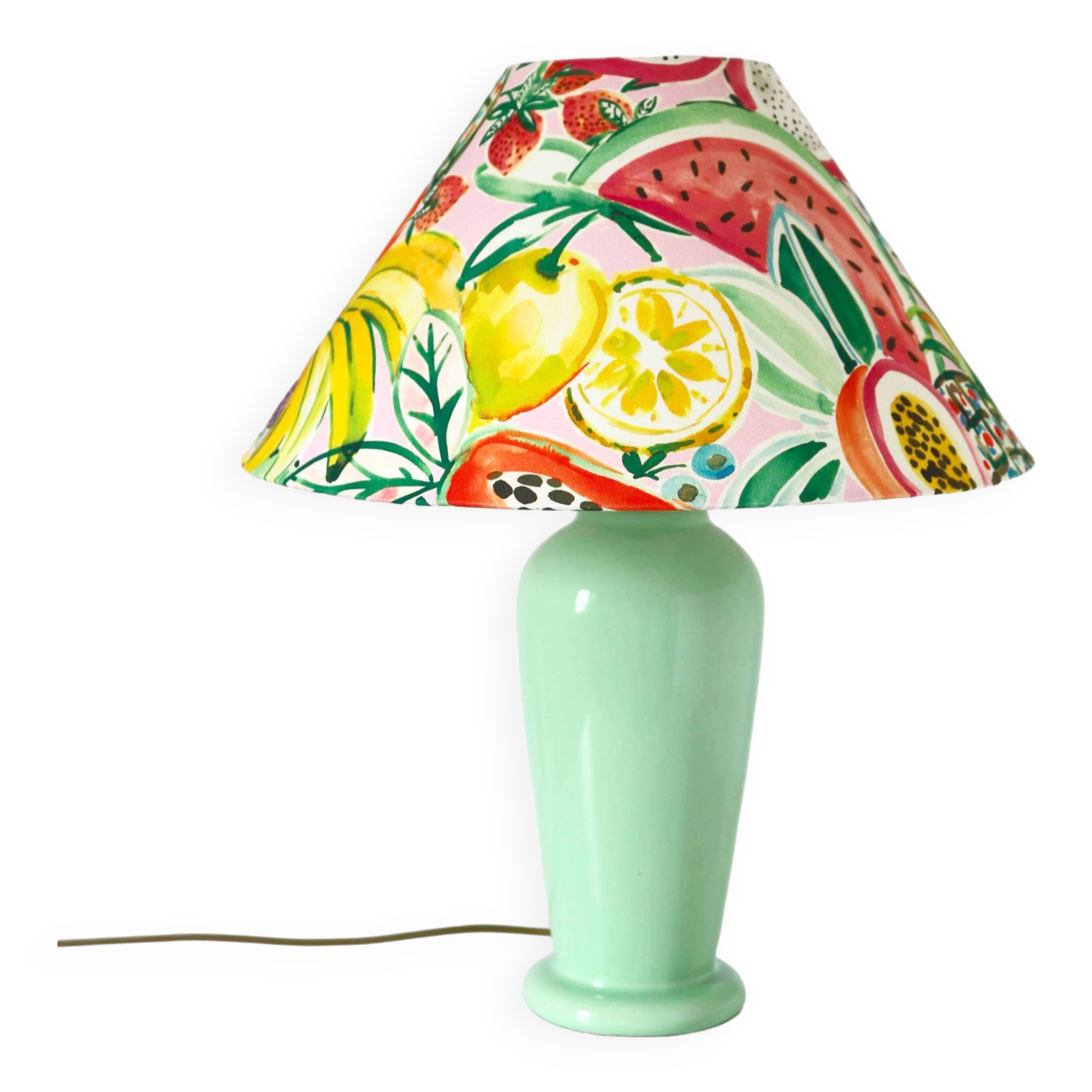 Lampe vintage pied en céramique vert d'eau et abat-jour imprimé "fruits"