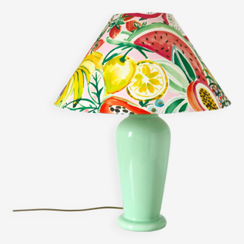 Vintage water green ceramic foot lamp with “fruit” printed lampshade