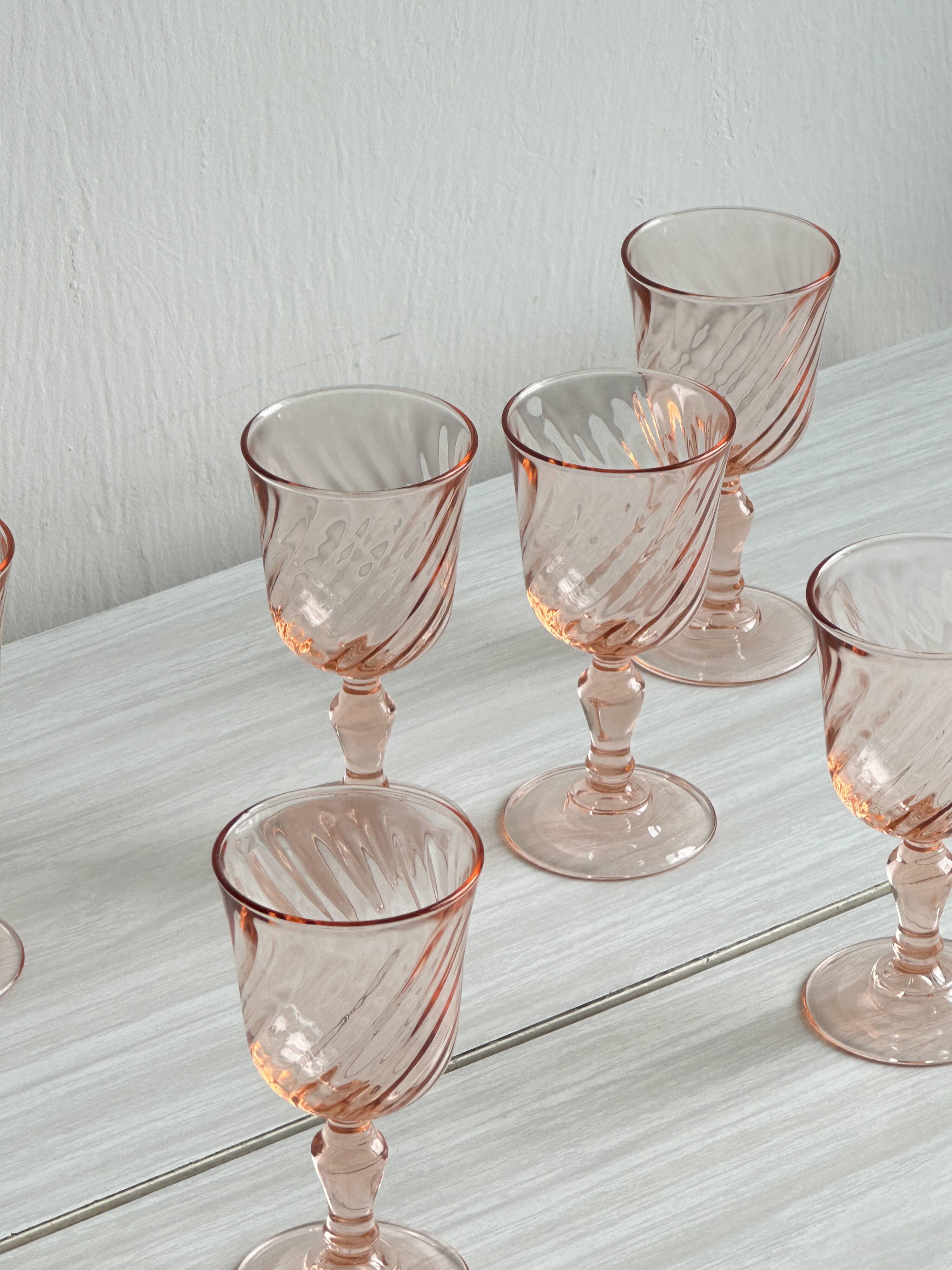6 liqueur stemmed glasses in twisted pink glass, rosaline.