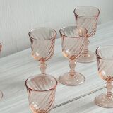 6 liqueur stemmed glasses in twisted pink glass, rosaline.