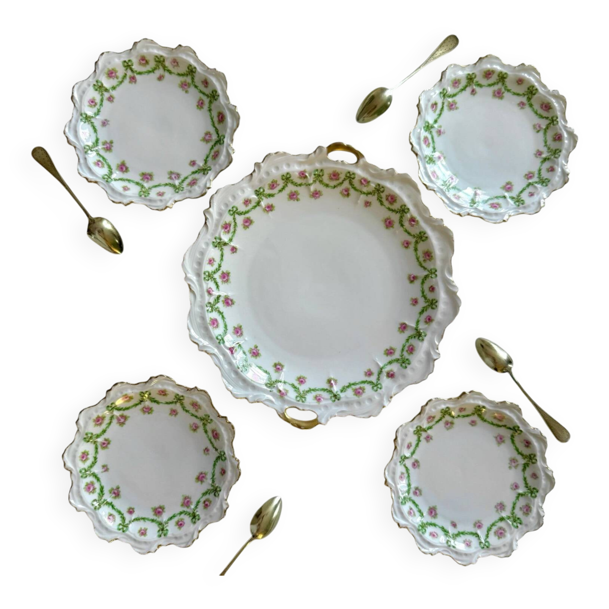 Plat à Gâteau et Assiettes à dessert Limoges | Rubans, Nœuds et Roses