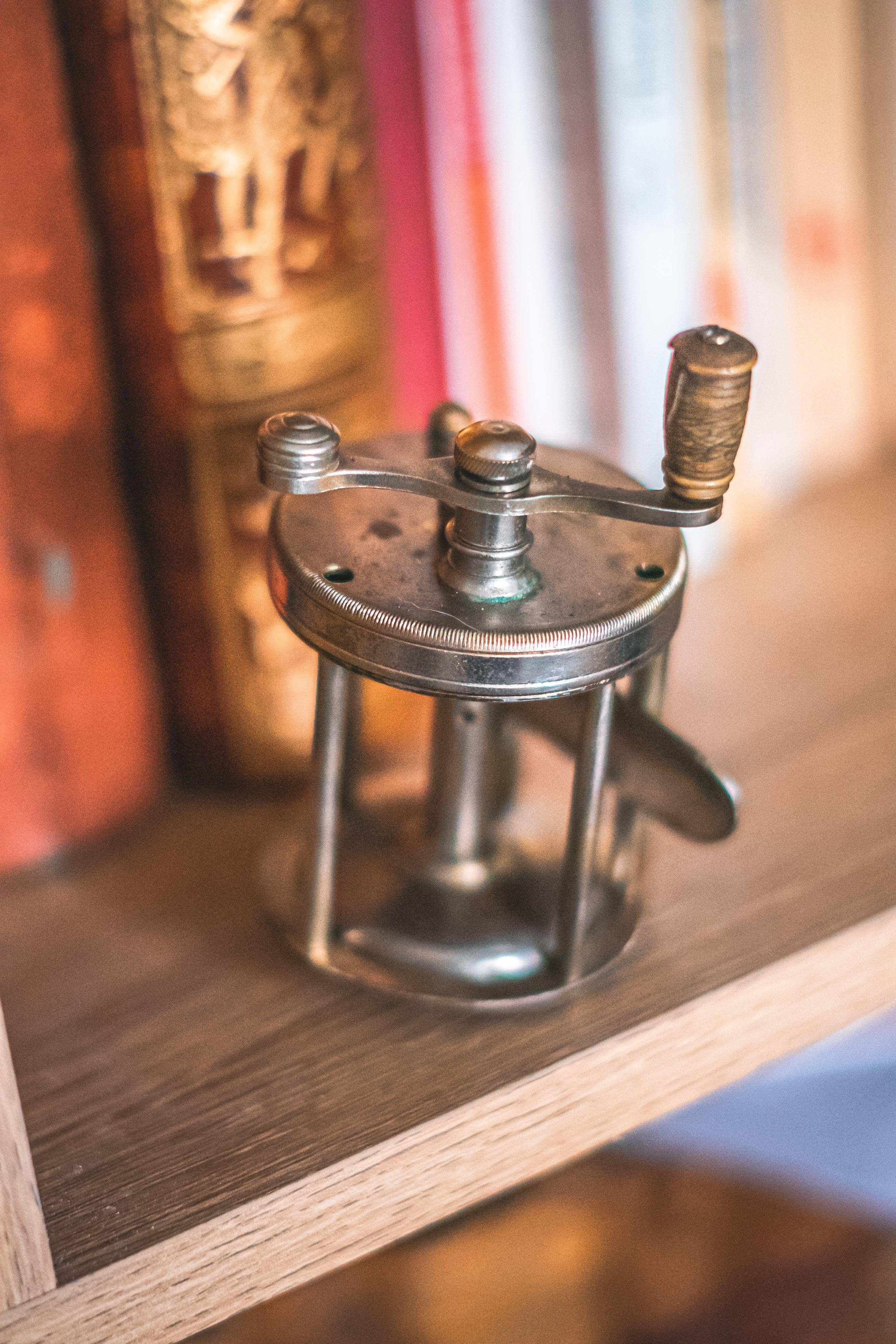 Old little fishing rod reel presto with bone handle fisherman collection