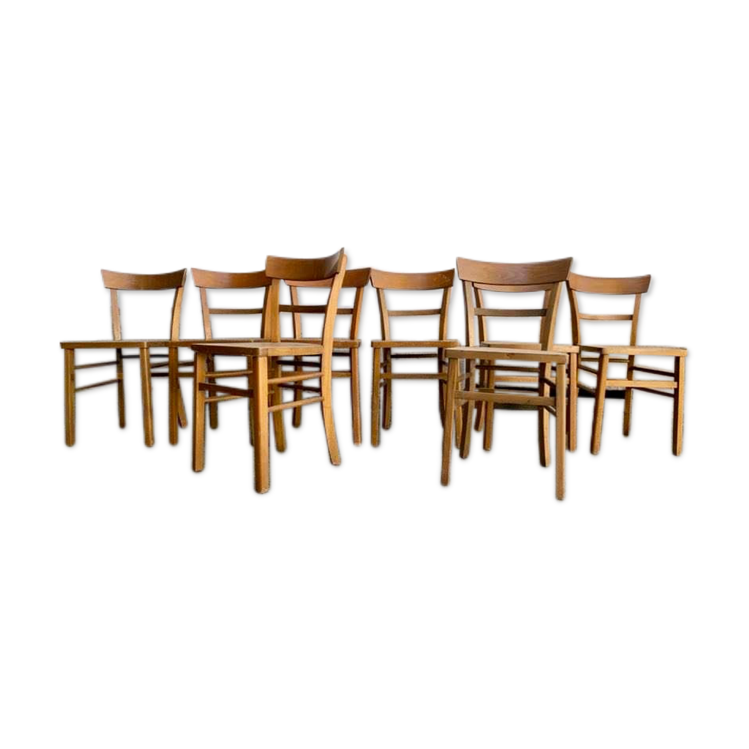 Set of 8 old light wood bistro chairs years 1957 stamps