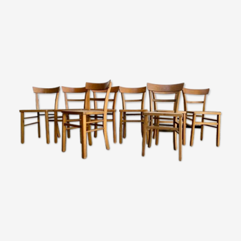 Lot de 8 anciennes chaises bistrot en bois clair annees 1957 estampillees