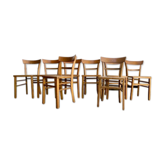 Set of 8 old light wood bistro chairs years 1957 stamps