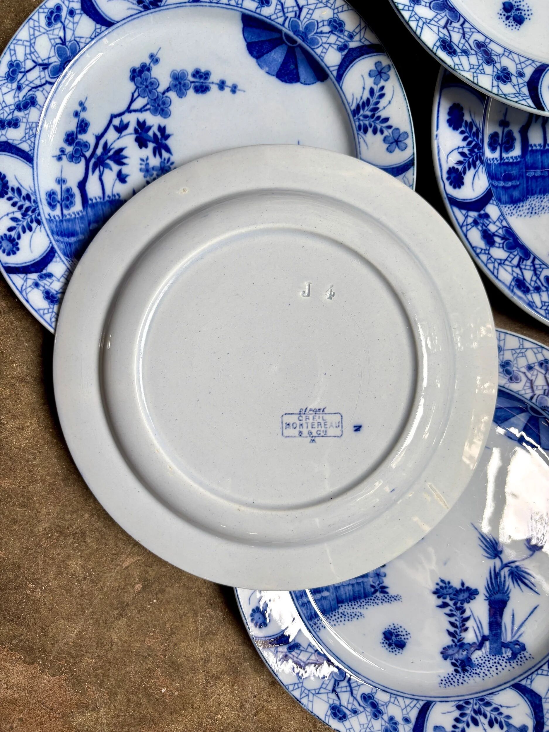 6 dessert plates Creil & Montereau in blue ironstone, "Japan" service