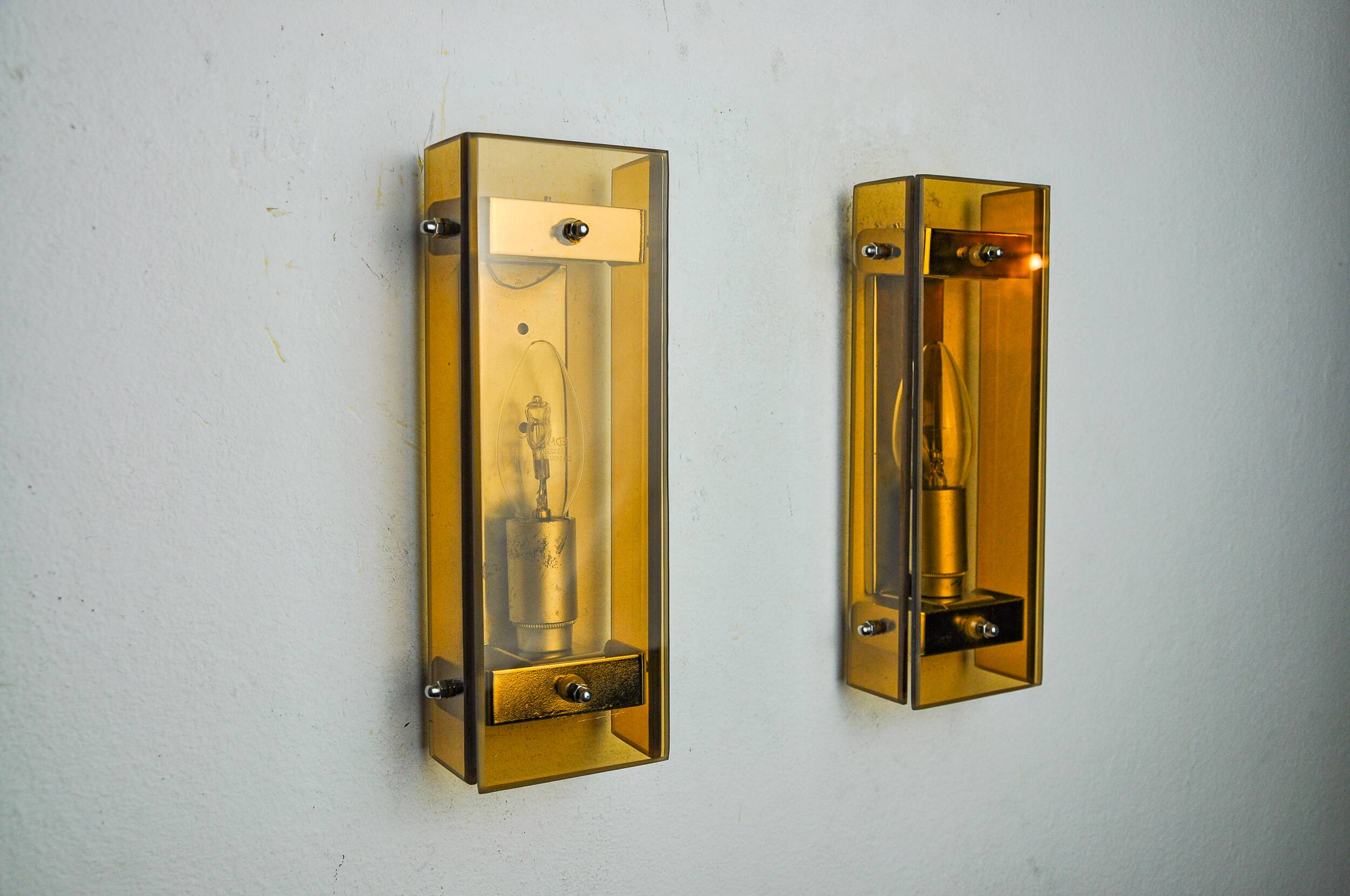 Pair of brown Veca wall lights, beveled glass, Italy 1970