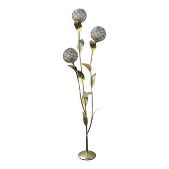 Lampadaire floral en laiton et nacre de Capiz, 1970