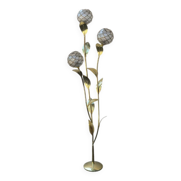 Lampadaire floral en laiton et nacre de Capiz, 1970