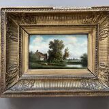 Tableau peinture ancienne paysage animé Théodore Ghirardi XIXe