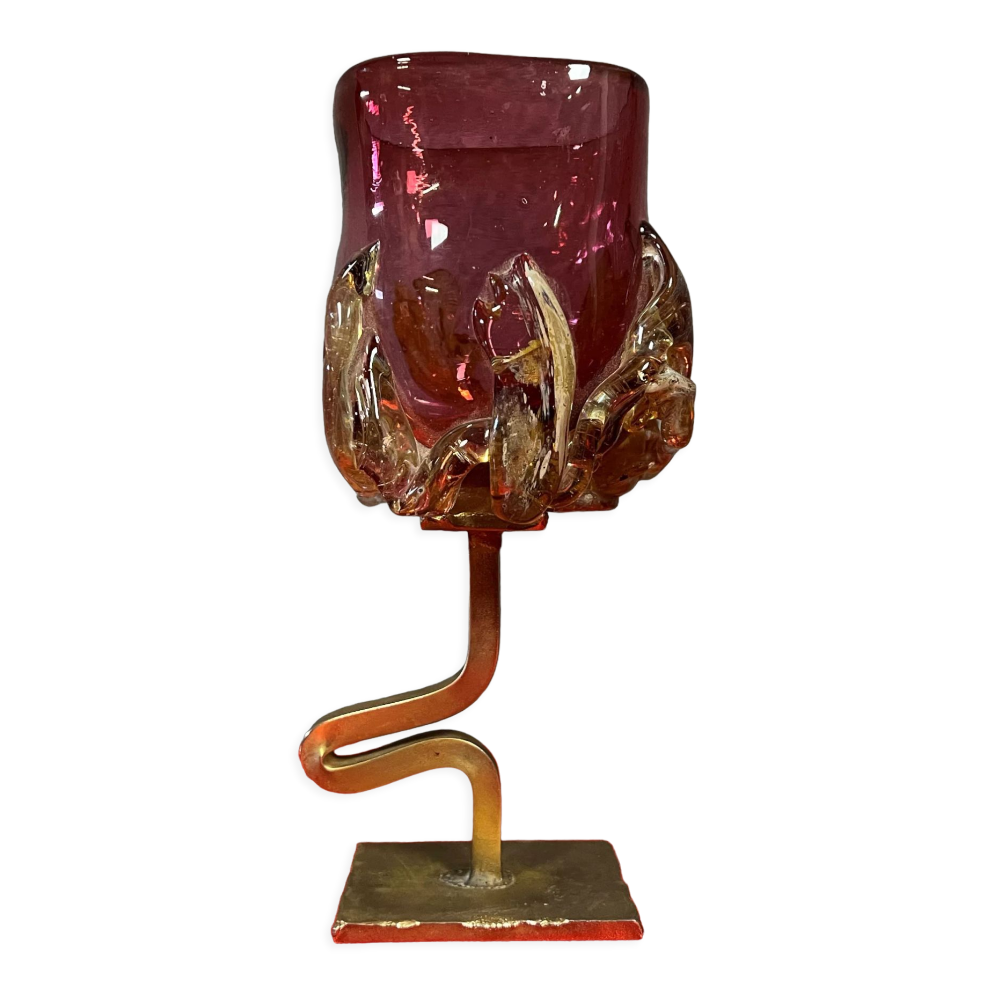 Fabienne Picaud: pink glass vase with amber applied decorations