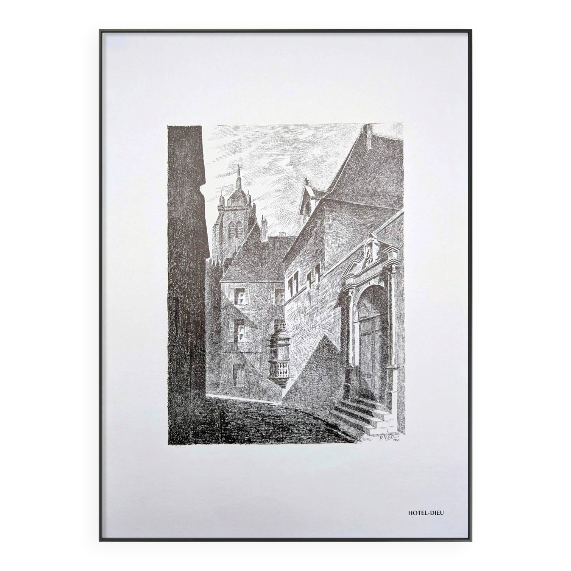 Hôtel-Dieu, Dole, Jura, vintage engraving, printed in 1950.