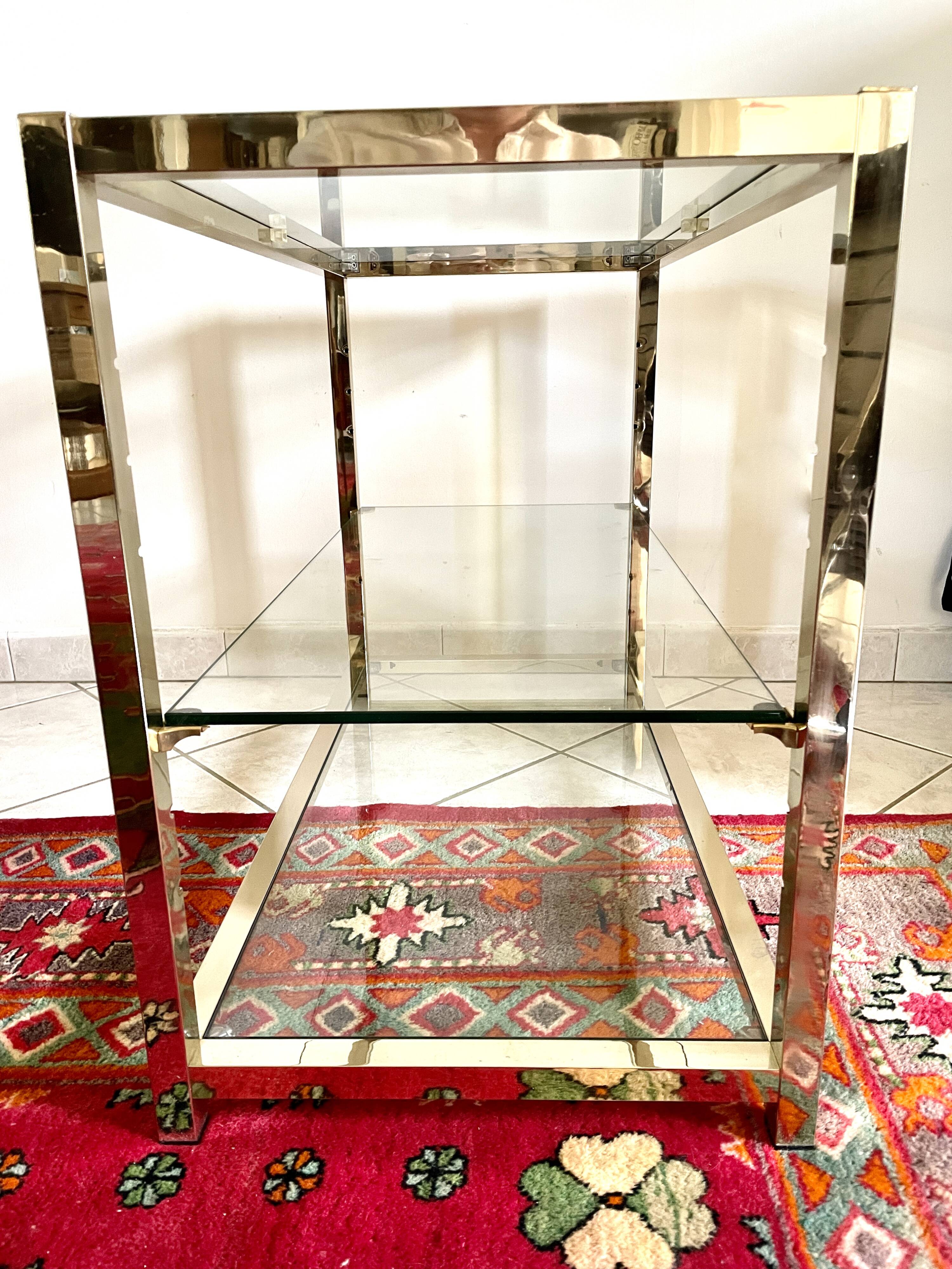 Coffee table with glass and gilded brass shelf France 1970
