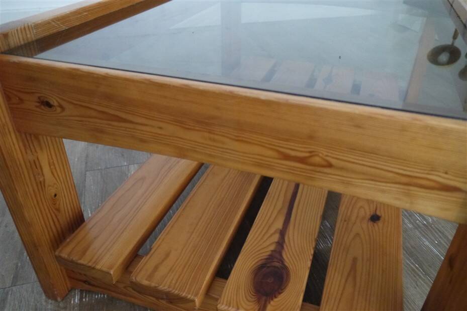 1970s pine and glass coffee table