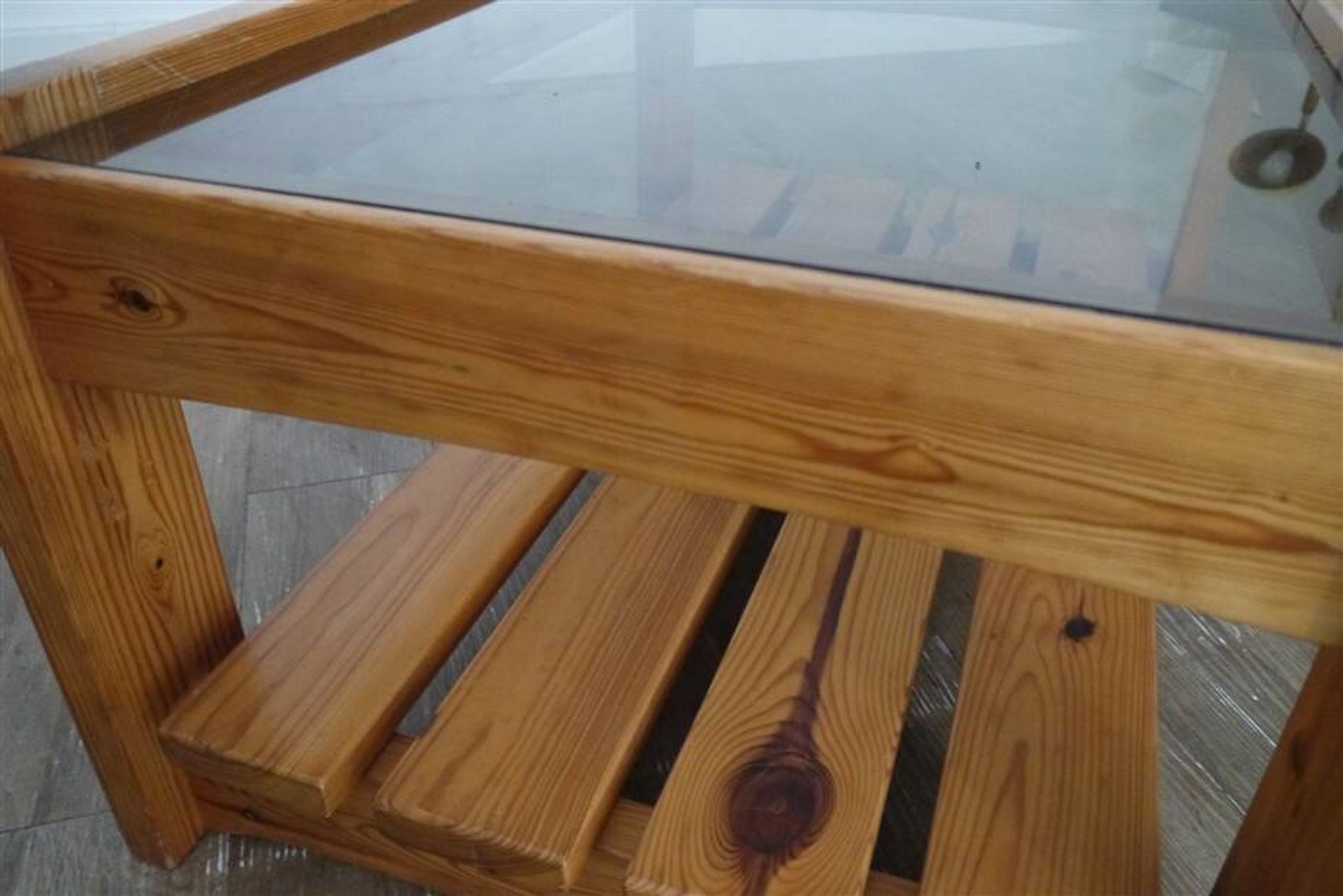 1970s pine and glass coffee table