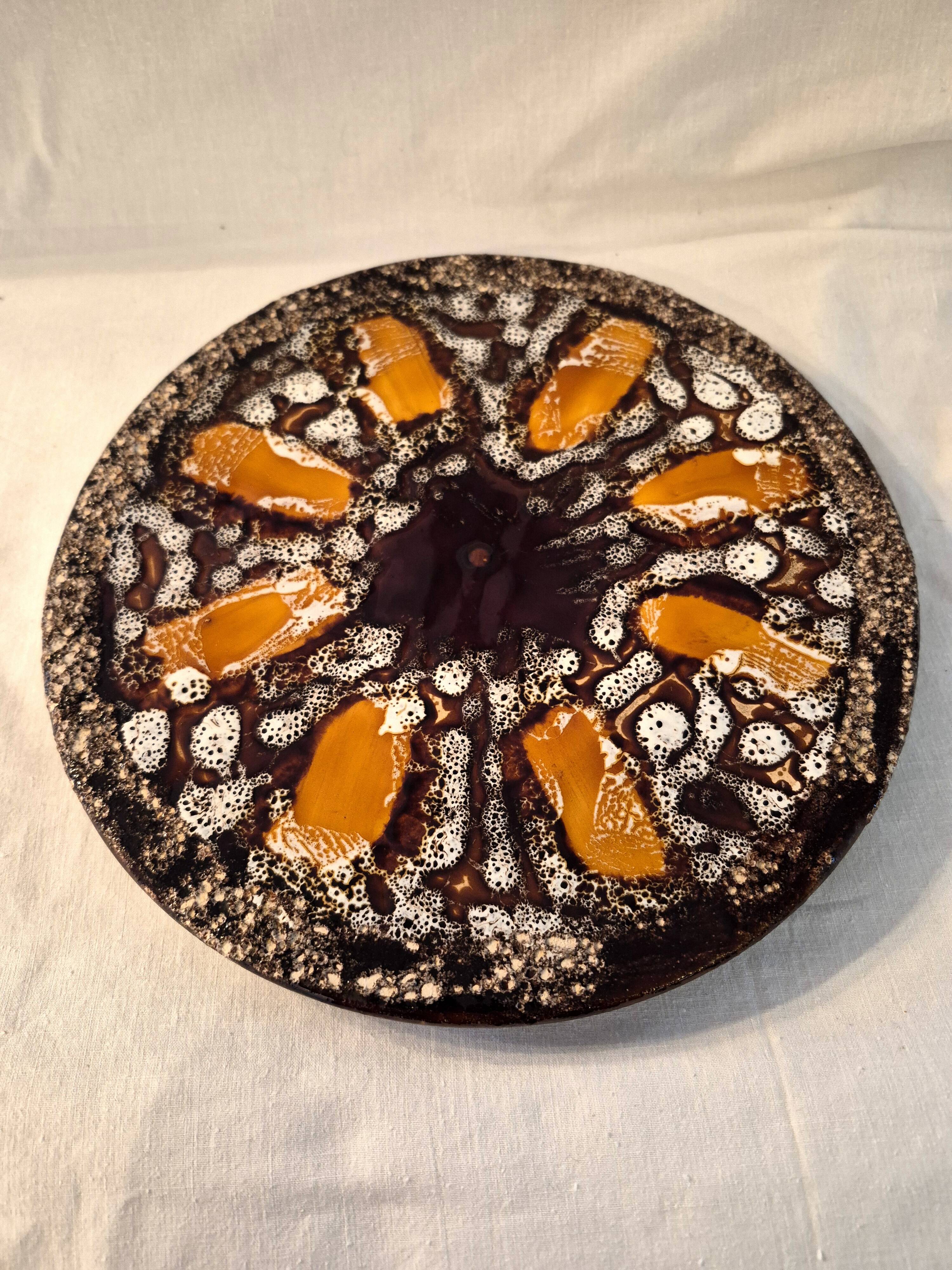 Round plate Vallauris glazed ceramic in brown and orange and Fat Lava A036