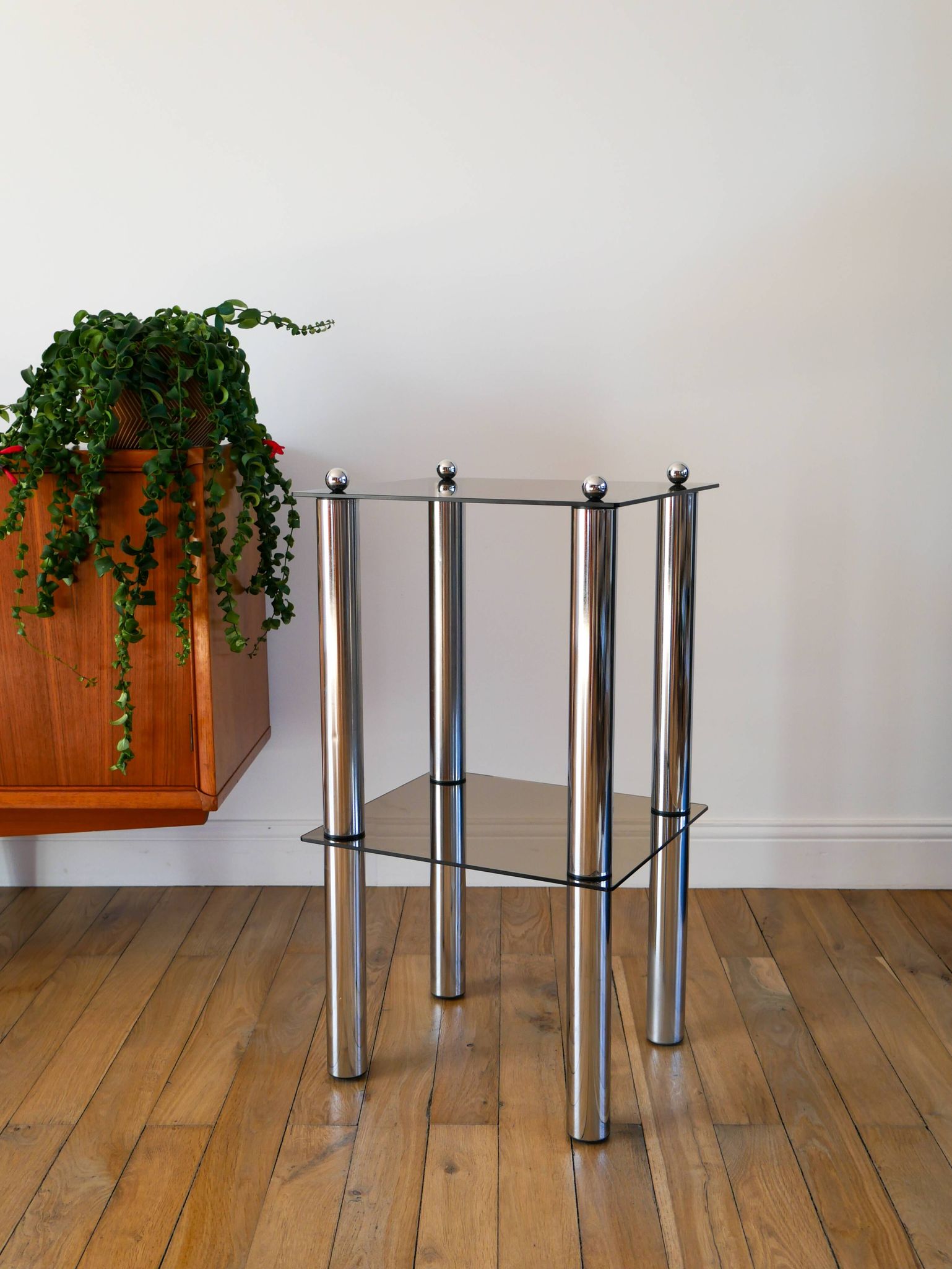 Bolster in chrome and smoked glass, double floors, Design, 1970