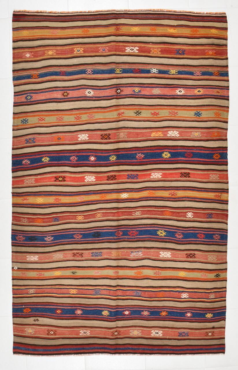 5x8 Wool Kilim Rug, Handwoven Blue & Red Wool Kilim Rug, 143x230Cm