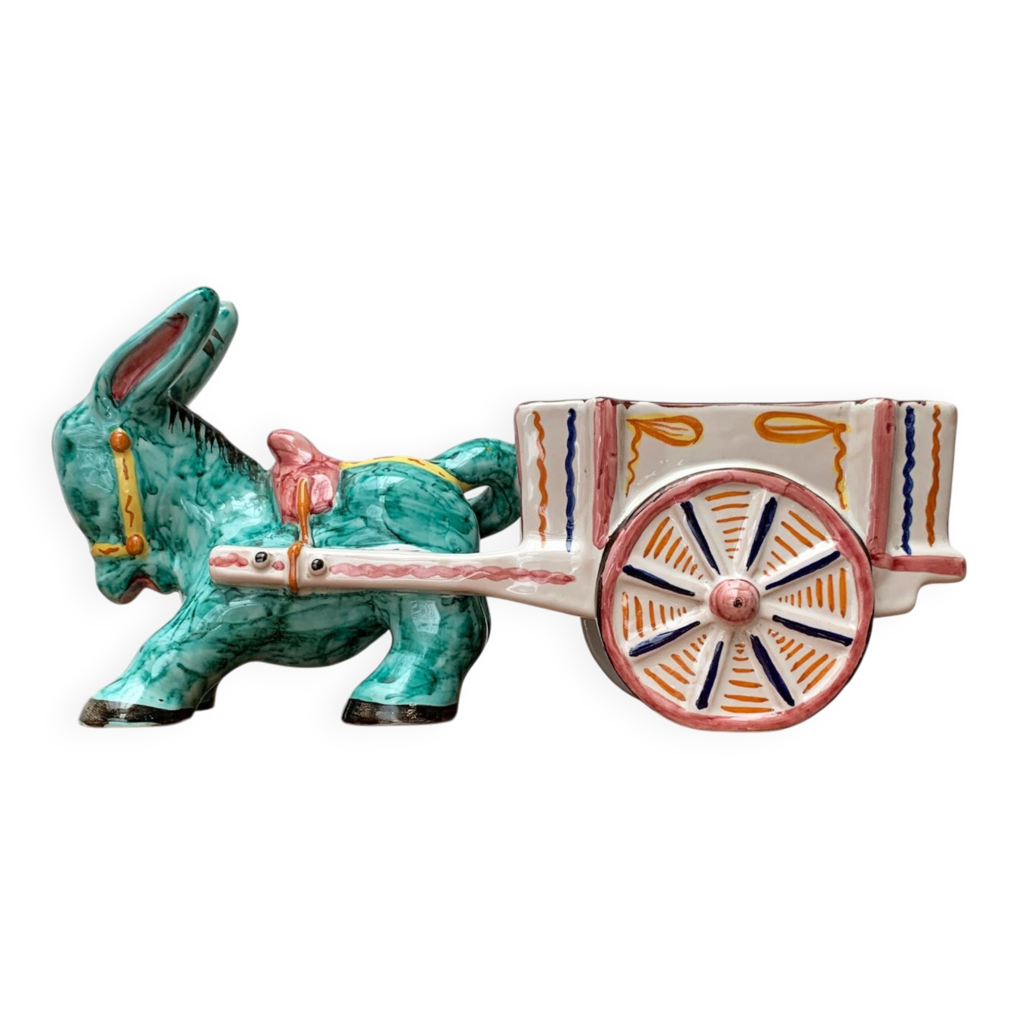 Vintage Italian hand-painted sculpture of a donkey with a cart in the shape of a bowl from Deruta, Italy.
