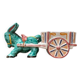 Vintage Italian hand-painted sculpture of a donkey with a cart in the shape of a bowl from Deruta, Italy.