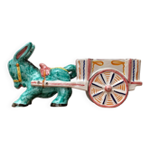 Vintage Italian hand-painted sculpture of a donkey with a cart in the shape of a bowl from Deruta, Italy.
