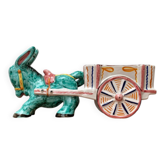 Vintage Italian hand-painted sculpture of a donkey with a cart in the shape of a bowl from Deruta, Italy.
