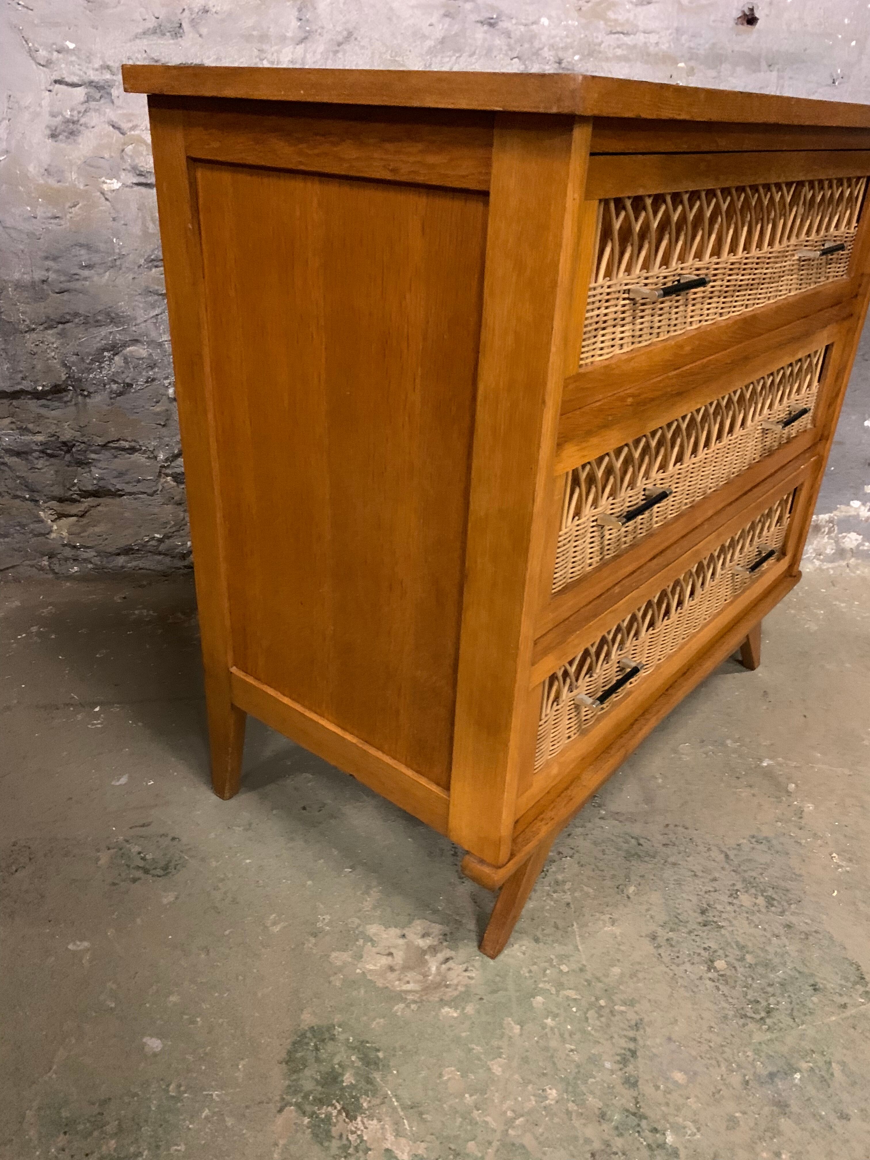 Chest of drawers vintage rattan and oak compass feet