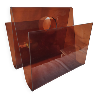 Translucent mahogany plexiglass magazine rack from the 70s