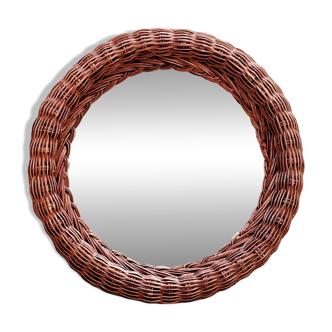 Vintage round woven rattan wall mirror