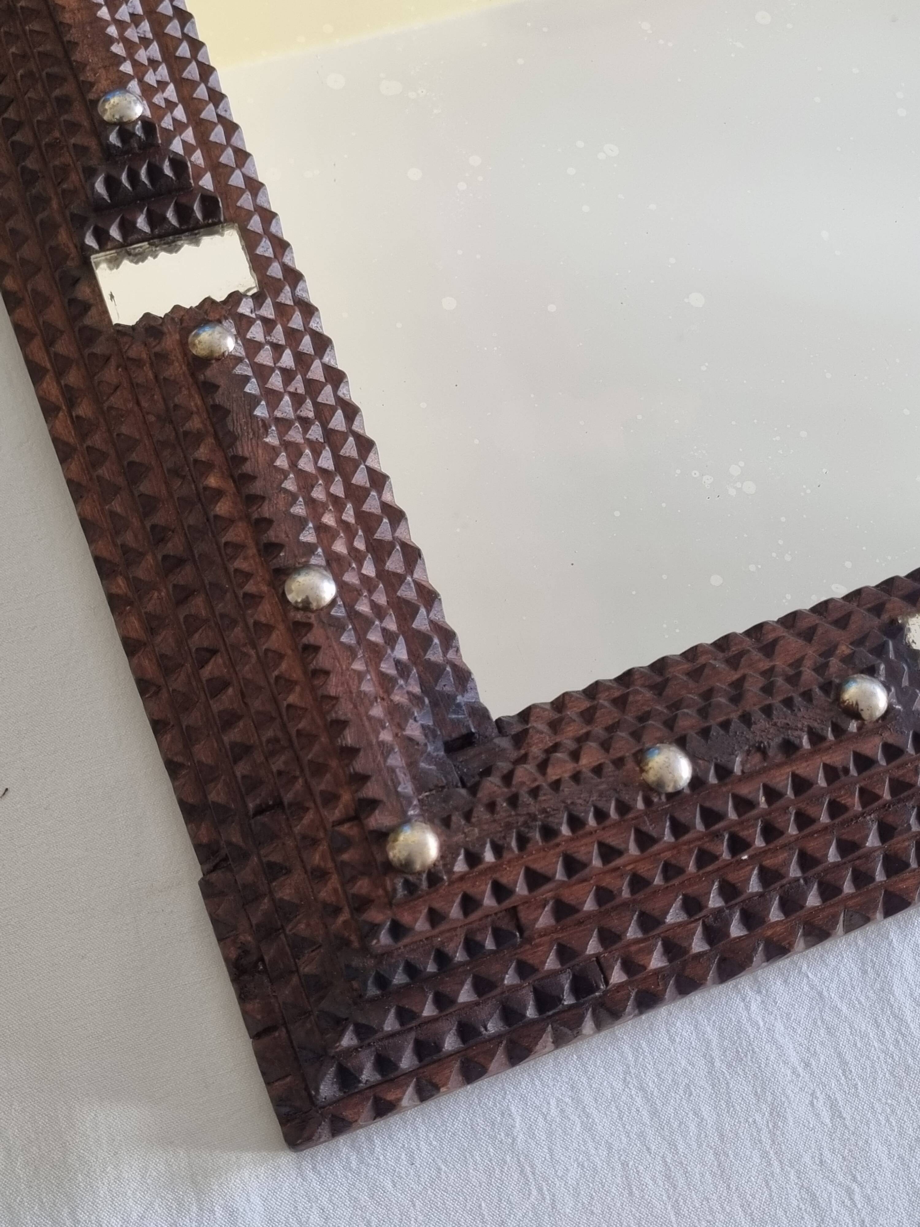 19th century Tramp Art mirror in hand-carved wood, original glass 69 x 50 cm