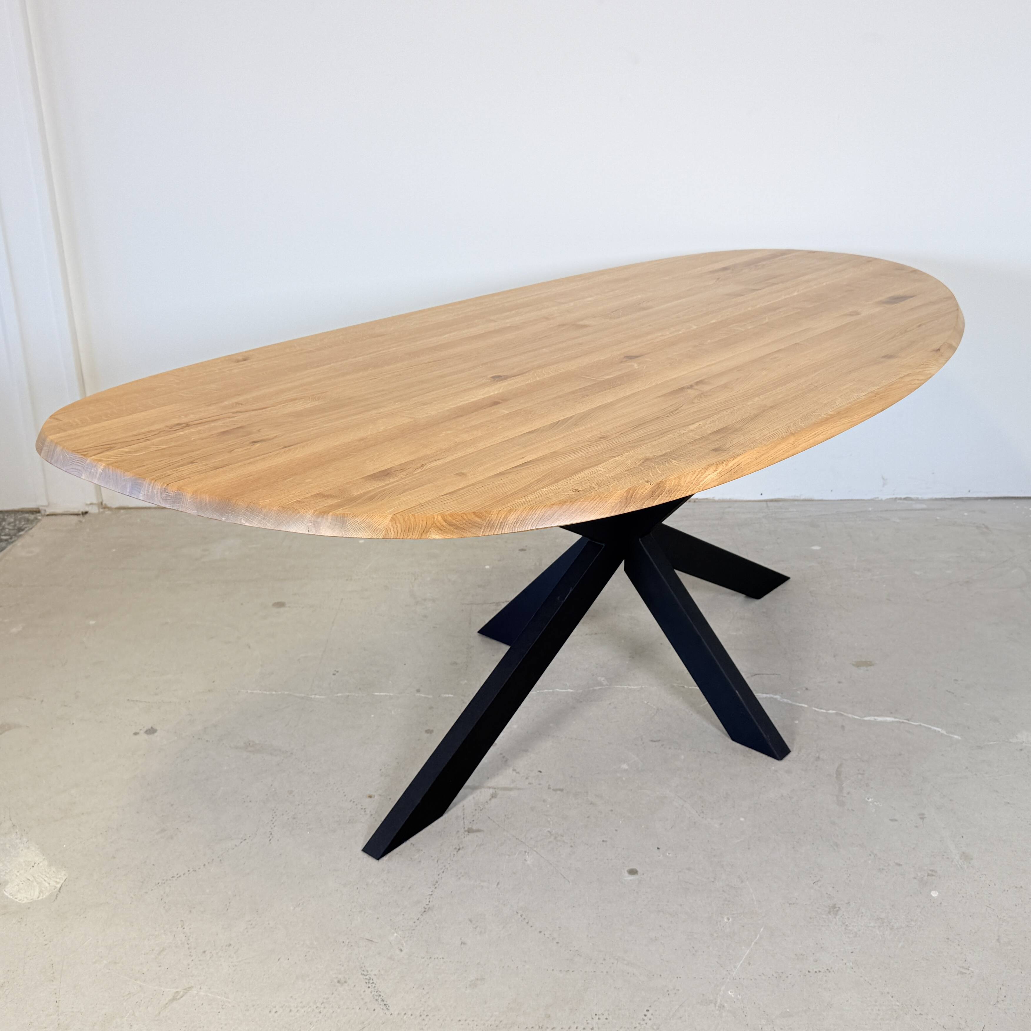 Organic oak dining table with steel matrix base, Hjort Knudsen