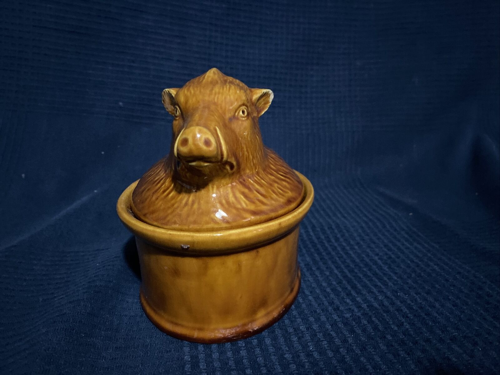 Ceramic terrine dish decorated with vintage wild boar hunting