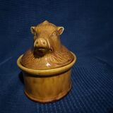 Ceramic terrine dish decorated with vintage wild boar hunting