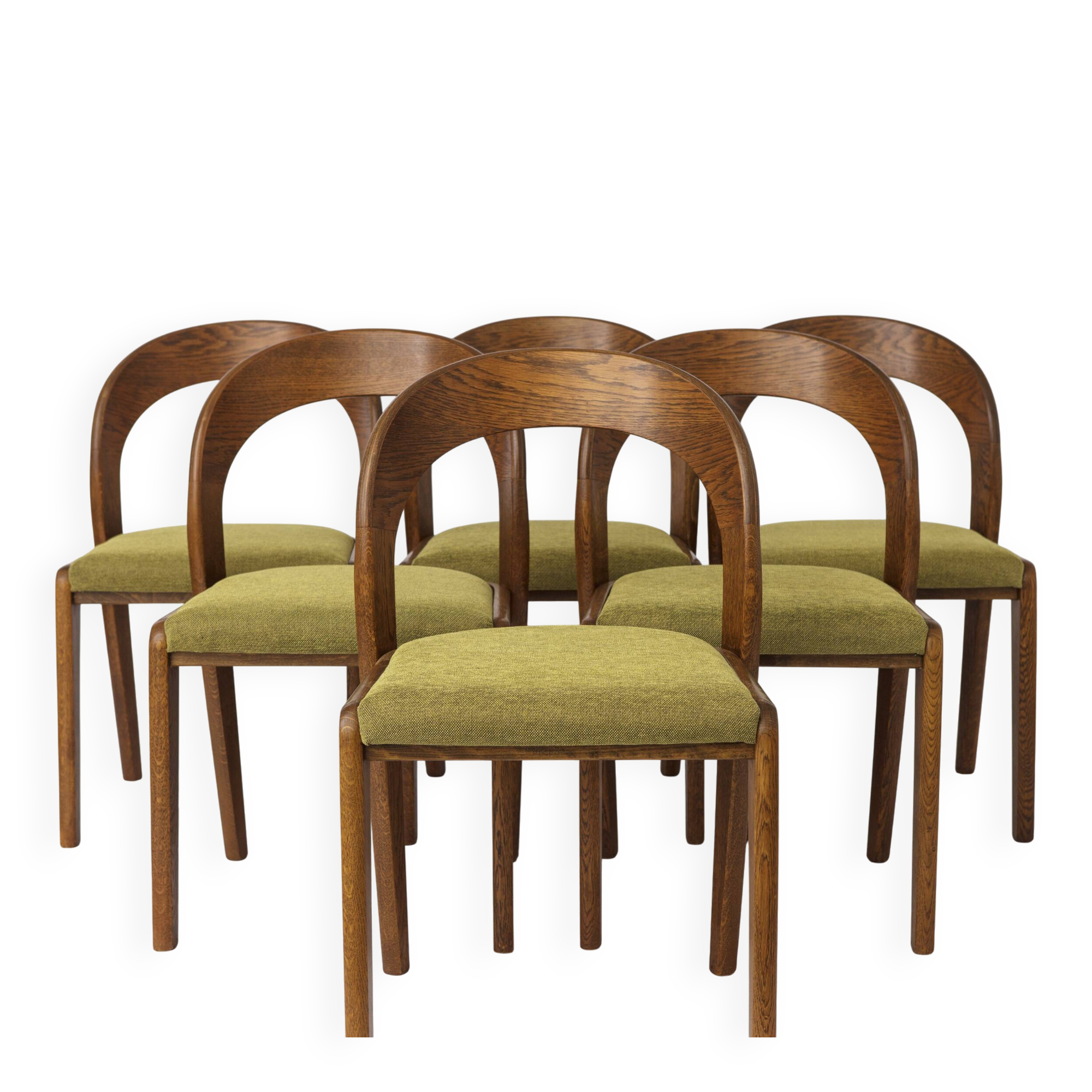 Set of 6 Mid Century Dining Chairs, Baumann Gondola Chairs 1970s, Oak Wood