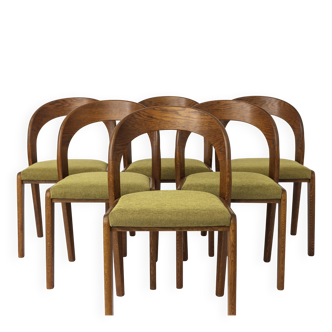 Set of 6 Mid Century Dining Chairs, Baumann Gondola Chairs 1970s, Oak Wood