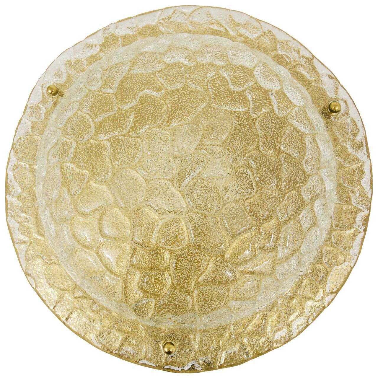 Large Hillebrand ceiling light in textured bubble glass and brass, Germany, 1970s.