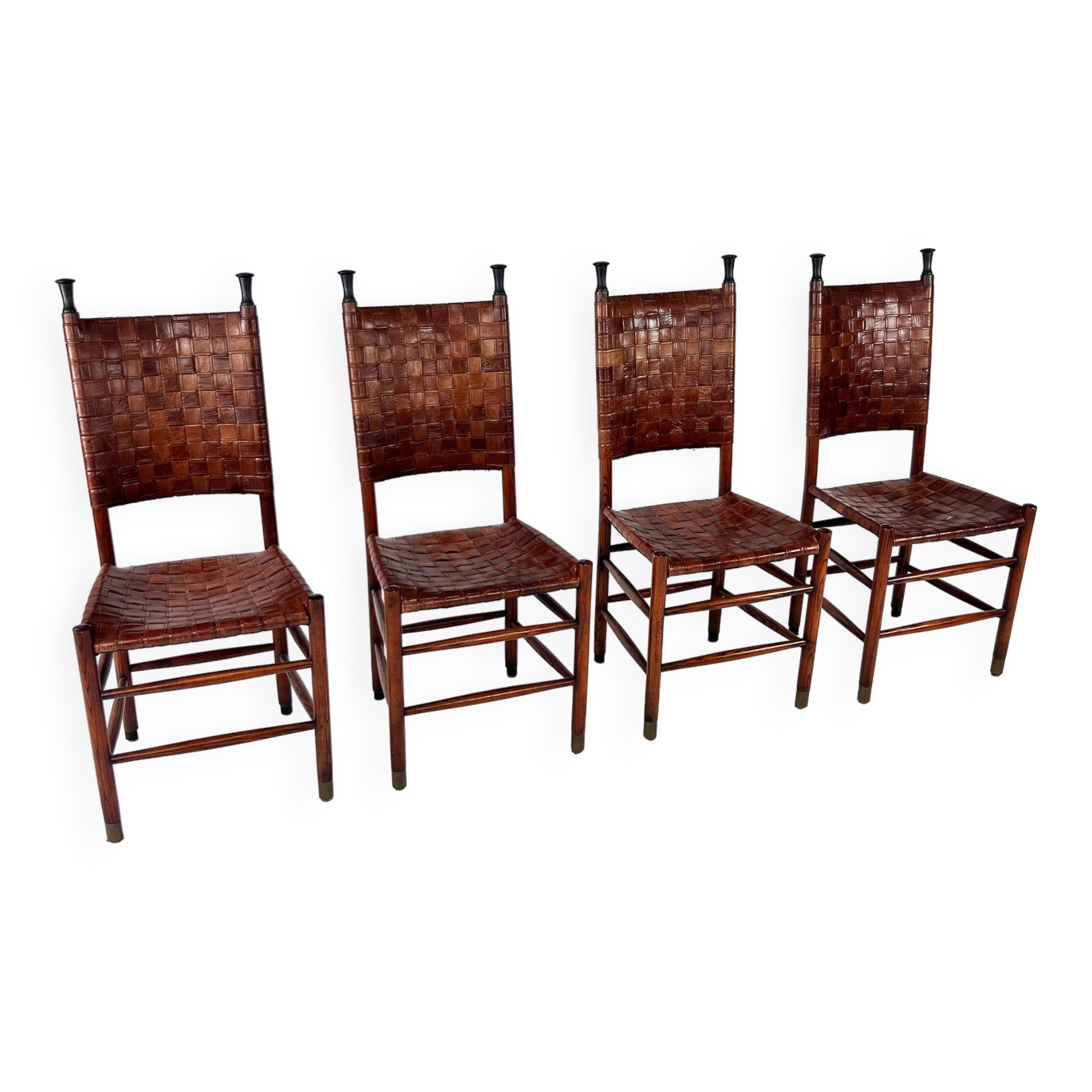 Set of 4 Pine and Leather Dining Chairs, 1970s