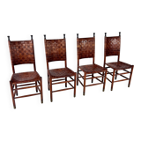 Set of 4 Pine and Leather Dining Chairs, 1970s