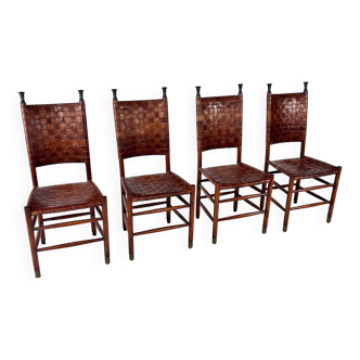 Ensemble de 4 chaises de salle à manger en pin et cuir, 1970