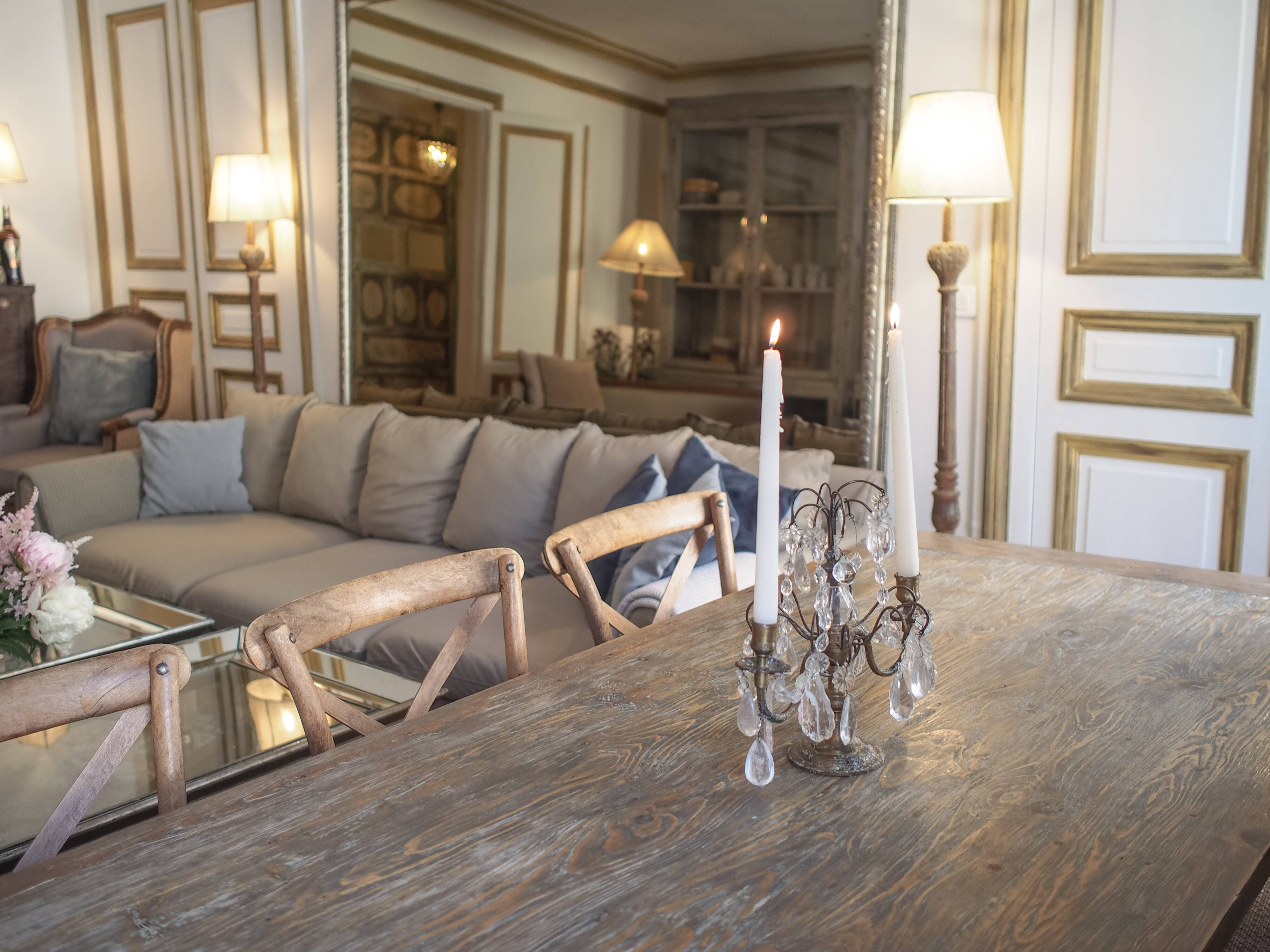 Parquet mirror, gold frame with a bead frieze.